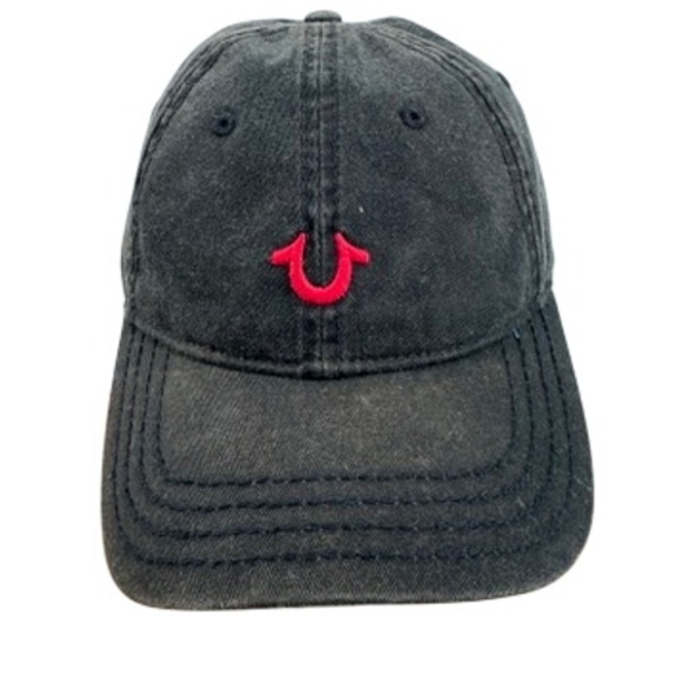 True Religion Hat Cap Black Red Mens OSFA Horseshoe Distressed Faded Strapback
